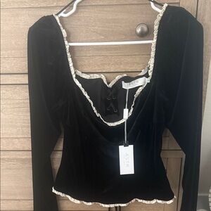 ASTR Black Velvet Lace-Up Long Sleeve Top with Cream Trim
